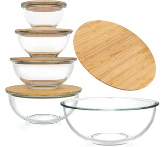 Glass Mixing Bowls - Nesting Bowls - Cute Collapsible Glass Bowls with Lids Food Storage - 5 Stackable Microwave Safe Glass Containers - Salad Bamboo Mixing Bowls - Baking Bowls for Kitchen