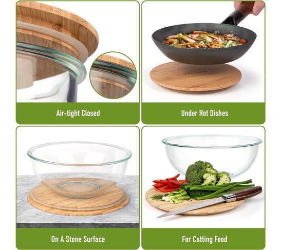 Glass Mixing Bowls - Nesting Bowls - Cute Collapsible Glass Bowls with Lids Food Storage - 5 Stackable Microwave Safe Glass Containers - Salad Bamboo Mixing Bowls - Baking Bowls for Kitchen