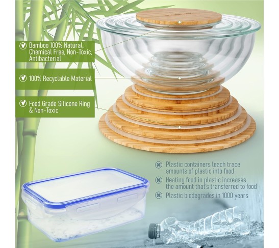 Glass Mixing Bowls - Nesting Bowls - Cute Collapsible Glass Bowls with Lids Food Storage - 5 Stackable Microwave Safe Glass Containers - Salad Bamboo Mixing Bowls - Baking Bowls for Kitchen