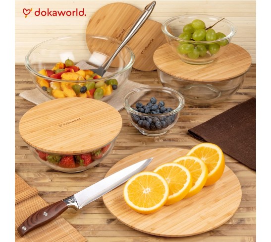 Glass Mixing Bowls - Nesting Bowls - Cute Collapsible Glass Bowls with Lids Food Storage - 5 Stackable Microwave Safe Glass Containers - Salad Bamboo Mixing Bowls - Baking Bowls for Kitchen