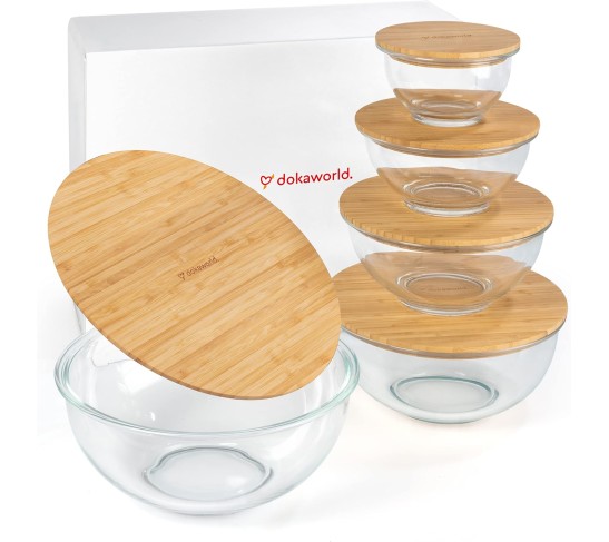 Glass Mixing Bowls - Nesting Bowls - Cute Collapsible Glass Bowls with Lids Food Storage - 5 Stackable Microwave Safe Glass Containers - Salad Bamboo Mixing Bowls - Baking Bowls for Kitchen