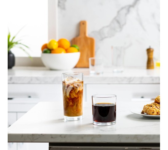 Everyday Drinking Glasses Set of 8 Drinkware Hurricane Glasses, Kitchen Glasses for Cocktail, Iced Coffee, Beer, Ice Tea, Wine, Whiskey, Water, 4 Tall Glass Cups & 4 Short Dof Drinking Glass
