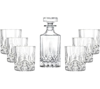 Whiskey Decanter and Tumbler 7 pc Set - Glass - For Whiskey, Liquor, Scotch, Bourbon - 25 oz. Square Decanter with 6-10 oz. Double Old Fashioned Tumblers- By Made in Europe
