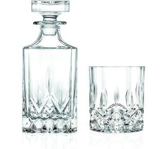 Whiskey Decanter and Tumbler 7 pc Set - Glass - For Whiskey, Liquor, Scotch, Bourbon - 25 oz. Square Decanter with 6-10 oz. Double Old Fashioned Tumblers- By Made in Europe