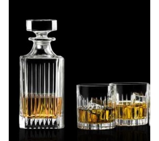 Whiskey Decanter and Tumbler 7 pc Set - Glass - For Whiskey, Liquor, Scotch, Bourbon - 25 oz. Square Decanter with 6-10.5 oz. Double Old Fashioned Tumblers- By Made in Europe