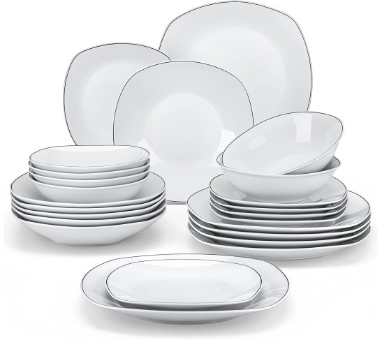Dinnerware Sets, 24-Piece Porcelain Square Dishes - White with Black Rim, Modern Dish Set for 6 - Plates and Bowls Sets, Ideal for Dessert, Salad, Soup and Pasta - Series ELISA