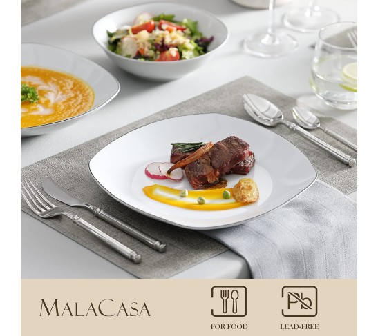 Dinnerware Sets, 24-Piece Porcelain Square Dishes - White with Black Rim, Modern Dish Set for 6 - Plates and Bowls Sets, Ideal for Dessert, Salad, Soup and Pasta - Series ELISA