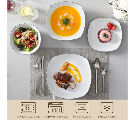 Dinnerware Sets, 24-Piece Porcelain Square Dishes - White with Black Rim, Modern Dish Set for 6 - Plates and Bowls Sets, Ideal for Dessert, Salad, Soup and Pasta - Series ELISA