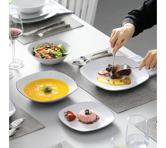 Dinnerware Sets, 24-Piece Porcelain Square Dishes - White with Black Rim, Modern Dish Set for 6 - Plates and Bowls Sets, Ideal for Dessert, Salad, Soup and Pasta - Series ELISA