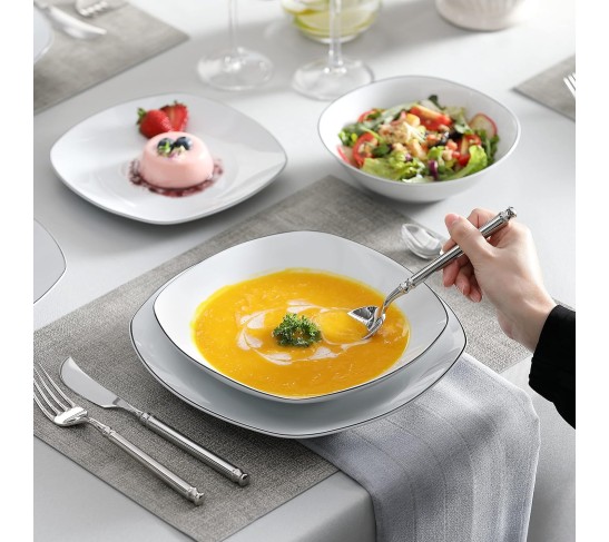 Dinnerware Sets, 24-Piece Porcelain Square Dishes - White with Black Rim, Modern Dish Set for 6 - Plates and Bowls Sets, Ideal for Dessert, Salad, Soup and Pasta - Series ELISA