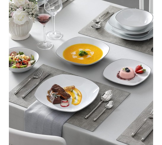 Dinnerware Sets, 24-Piece Porcelain Square Dishes - White with Black Rim, Modern Dish Set for 6 - Plates and Bowls Sets, Ideal for Dessert, Salad, Soup and Pasta - Series ELISA