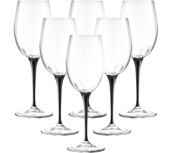 Goblet - White Wine Glass -Crystal Glass - Water Glass - Bold Black Stem - Stemmed Glasses - Set of 6 Goblets - 14 oz Made in Europe
