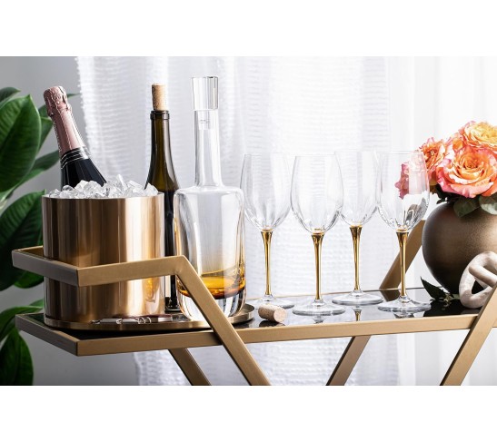 Goblet - White Wine Glass -Crystal Glass - Water Glass - Shiny Gold Stem - Stemmed Glasses - Set of 6 Goblets - 14 oz Made in Europe