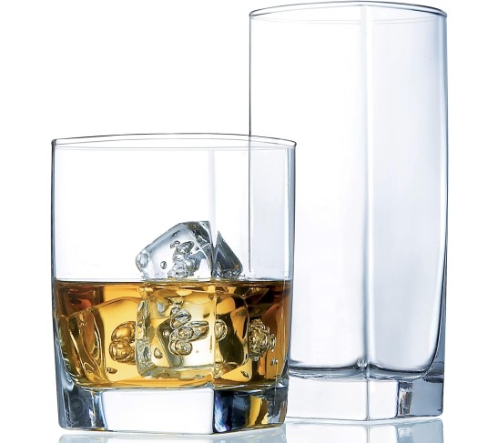 Collins Everyday Drinking Glasses Set of 16 Drinkware Kitchen Glasses for Cocktail, Iced Coffee, Beer, Ice Tea, Wine, Whiskey, Water, 8 Tall Highball Glass Cups & 8 Short Old Fashioned