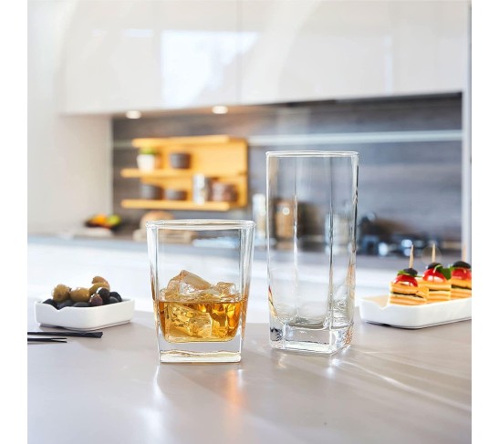 Collins Everyday Drinking Glasses Set of 16 Drinkware Kitchen Glasses for Cocktail, Iced Coffee, Beer, Ice Tea, Wine, Whiskey, Water, 8 Tall Highball Glass Cups & 8 Short Old Fashioned