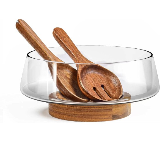 Extra Large Glass Salad Bowl Set - Salad Bowls for Party with Acacia Wood Base and Salad Serving Utensils - Elegant and Practical Kitchen Must-Have