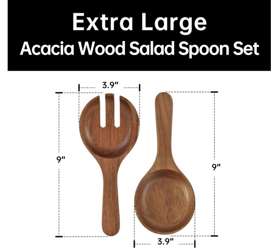 Extra Large Glass Salad Bowl Set - Salad Bowls for Party with Acacia Wood Base and Salad Serving Utensils - Elegant and Practical Kitchen Must-Have