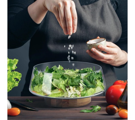 Extra Large Glass Salad Bowl Set - Salad Bowls for Party with Acacia Wood Base and Salad Serving Utensils - Elegant and Practical Kitchen Must-Have