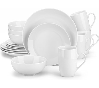 16-Piece Gourmet Porcelain Dinnerware Sets, Modern White Round Dish Set for 4 - Premium Serving Plates and Bowls Sets for Dessert, Salad, Soup, Pasta - Series AMELIA