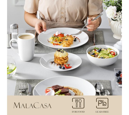 16-Piece Gourmet Porcelain Dinnerware Sets, Modern White Round Dish Set for 4 - Premium Serving Plates and Bowls Sets for Dessert, Salad, Soup, Pasta - Series AMELIA