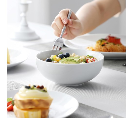 16-Piece Gourmet Porcelain Dinnerware Sets, Modern White Round Dish Set for 4 - Premium Serving Plates and Bowls Sets for Dessert, Salad, Soup, Pasta - Series AMELIA