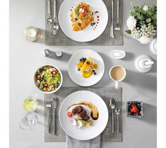 16-Piece Gourmet Porcelain Dinnerware Sets, Modern White Round Dish Set for 4 - Premium Serving Plates and Bowls Sets for Dessert, Salad, Soup, Pasta - Series AMELIA