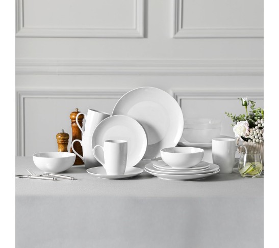 16-Piece Gourmet Porcelain Dinnerware Sets, Modern White Round Dish Set for 4 - Premium Serving Plates and Bowls Sets for Dessert, Salad, Soup, Pasta - Series AMELIA