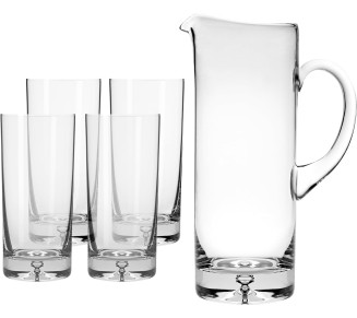 Glass - Pitcher - with - Set of 4 - Highballs - Bubble in the Base -Stunning Clear -Jug with 4 hiballl drinking glasses - for Juice - Water - Lemonade - Cocktails - Made in Europe - by 
