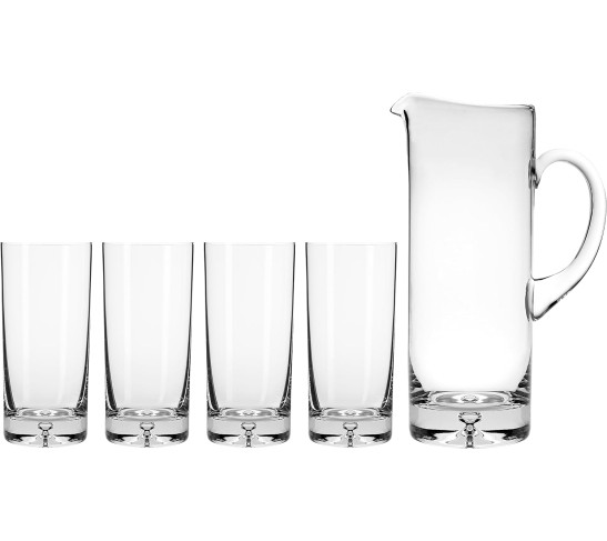 Glass - Pitcher - with - Set of 4 - Highballs - Bubble in the Base -Stunning Clear -Jug with 4 hiballl drinking glasses - for Juice - Water - Lemonade - Cocktails - Made in Europe - by 