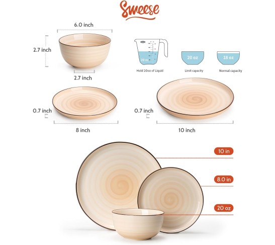 Sweese18-Piece Porcelain Round Dinnerware Set Service for 6, Neutral Colors
