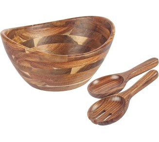 Large Elegant Oval Acacia Wooden Salad Bowl Set with Wooden Salad Serving Utensils - Big Capacity, Stylish and Practical, Essential for Every Kitchen