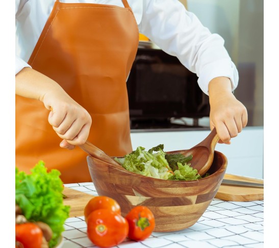 Large Elegant Oval Acacia Wooden Salad Bowl Set with Wooden Salad Serving Utensils - Big Capacity, Stylish and Practical, Essential for Every Kitchen