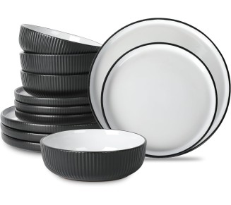 Christian Siriano Laro 12-Piece Dinnerware Set Stoneware, Black