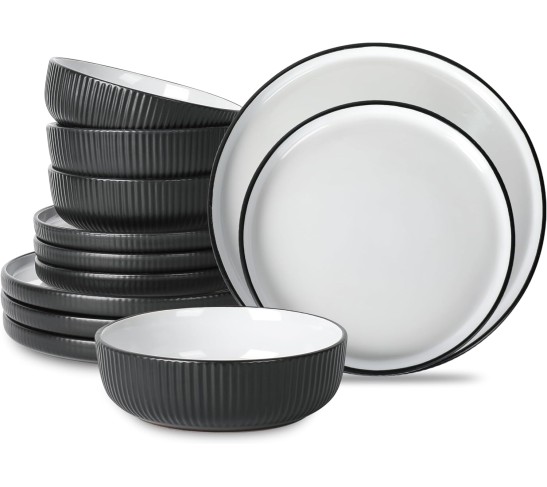 Christian Siriano Laro 12-Piece Dinnerware Set Stoneware, Black