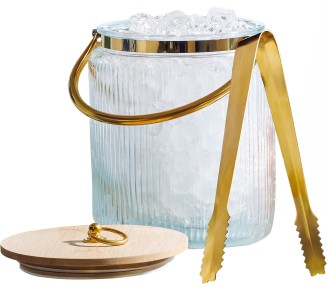 Glass Ice Bucket with Airtight Lid, Ice Tong Scooper and Handle - 3L Ribbed Beverage Tub Cocktail Home Bar Accessories, Wine, Beer - Chiller for Parties, Champagne Drink Tub Cooler with Hinged Handles
