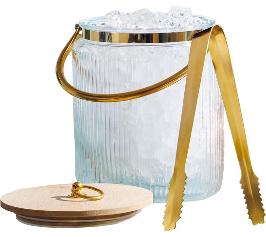 Glass Ice Bucket with Airtight Lid, Ice Tong Scooper and Handle - 3L Ribbed Beverage Tub Cocktail Home Bar Accessories, Wine, Beer - Chiller for Parties, Champagne Drink Tub Cooler with Hinged Handles