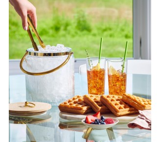Glass Ice Bucket with Airtight Lid, Ice Tong Scooper and Handle - 3L Ribbed Beverage Tub Cocktail Home Bar Accessories, Wine, Beer - Chiller for Parties, Champagne Drink Tub Cooler with Hinged Handles