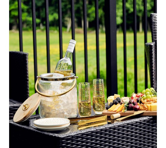 Glass Ice Bucket with Airtight Lid, Ice Tong Scooper and Handle - 3L Ribbed Beverage Tub Cocktail Home Bar Accessories, Wine, Beer - Chiller for Parties, Champagne Drink Tub Cooler with Hinged Handles