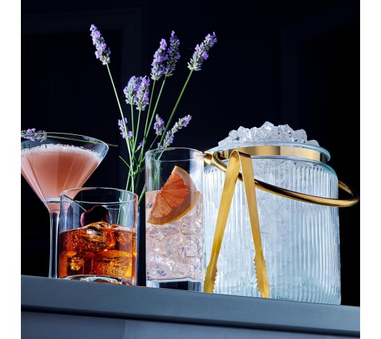 Glass Ice Bucket with Airtight Lid, Ice Tong Scooper and Handle - 3L Ribbed Beverage Tub Cocktail Home Bar Accessories, Wine, Beer - Chiller for Parties, Champagne Drink Tub Cooler with Hinged Handles