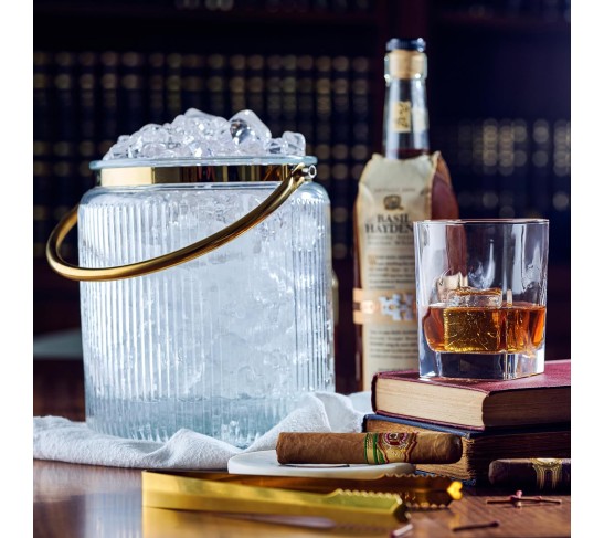 Glass Ice Bucket with Airtight Lid, Ice Tong Scooper and Handle - 3L Ribbed Beverage Tub Cocktail Home Bar Accessories, Wine, Beer - Chiller for Parties, Champagne Drink Tub Cooler with Hinged Handles