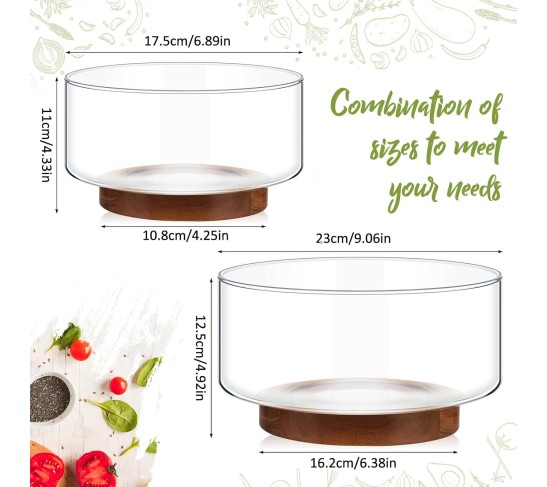 2 Pcs 125 oz and 57 oz Salad Bowl Set Glass Salad Bowl with Acacia Wood Base Fruit Bowls Popcorn Bowl Salad Serving Bowl Salad Container for Kitchen Chips Pasta Snack Dessert