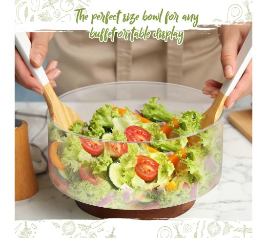 2 Pcs 125 oz and 57 oz Salad Bowl Set Glass Salad Bowl with Acacia Wood Base Fruit Bowls Popcorn Bowl Salad Serving Bowl Salad Container for Kitchen Chips Pasta Snack Dessert