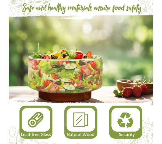 2 Pcs 125 oz and 57 oz Salad Bowl Set Glass Salad Bowl with Acacia Wood Base Fruit Bowls Popcorn Bowl Salad Serving Bowl Salad Container for Kitchen Chips Pasta Snack Dessert