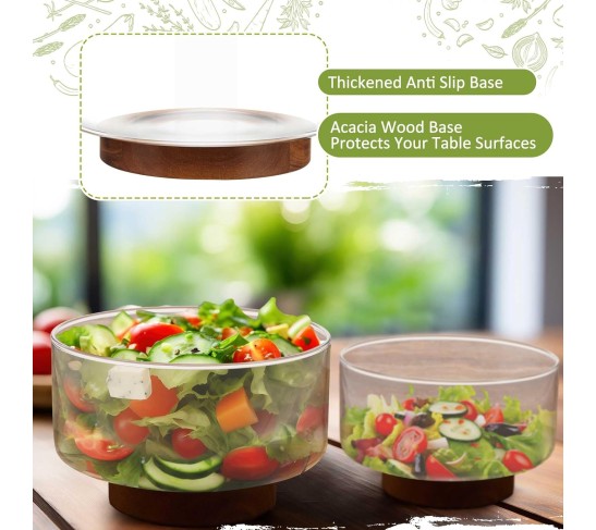 2 Pcs 125 oz and 57 oz Salad Bowl Set Glass Salad Bowl with Acacia Wood Base Fruit Bowls Popcorn Bowl Salad Serving Bowl Salad Container for Kitchen Chips Pasta Snack Dessert