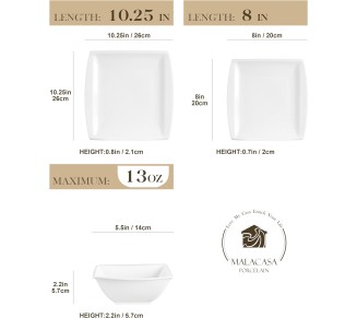 Plates and Bowls Sets, 12-Piece Porcelain Dishes Set for 4, Ivory White Square Dinnerware Sets with Dinner Plates and Bowls, Ceramic Dish Set, Service for 4, Series Blance