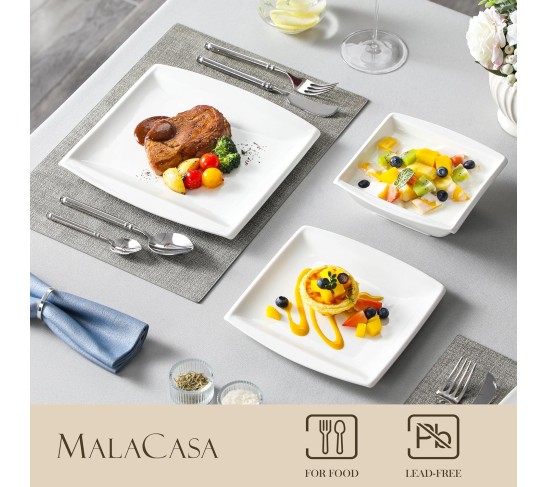Plates and Bowls Sets, 12-Piece Porcelain Dishes Set for 4, Ivory White Square Dinnerware Sets with Dinner Plates and Bowls, Ceramic Dish Set, Service for 4, Series Blance