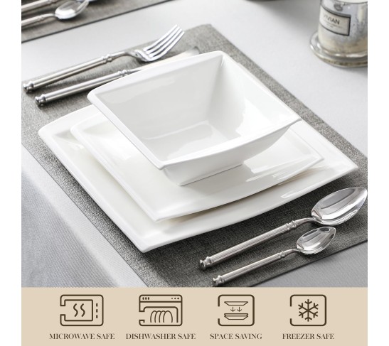 Plates and Bowls Sets, 12-Piece Porcelain Dishes Set for 4, Ivory White Square Dinnerware Sets with Dinner Plates and Bowls, Ceramic Dish Set, Service for 4, Series Blance