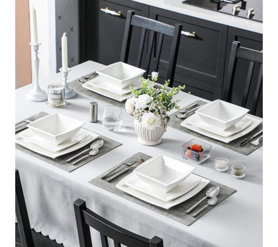 Plates and Bowls Sets, 12-Piece Porcelain Dishes Set for 4, Ivory White Square Dinnerware Sets with Dinner Plates and Bowls, Ceramic Dish Set, Service for 4, Series Blance