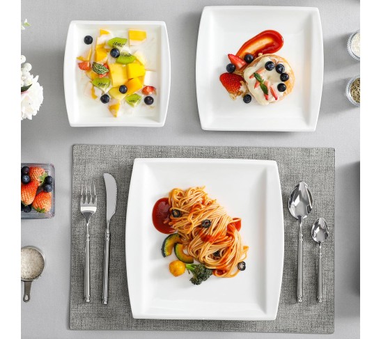 Plates and Bowls Sets, 12-Piece Porcelain Dishes Set for 4, Ivory White Square Dinnerware Sets with Dinner Plates and Bowls, Ceramic Dish Set, Service for 4, Series Blance