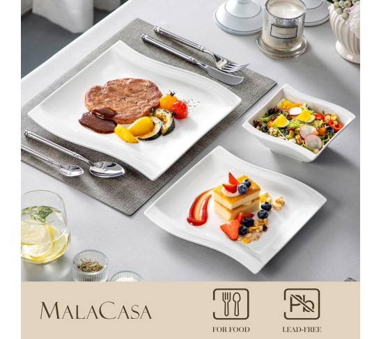 Plates and Bowls Sets, 12-Piece Ivory White Square Dinnerware Sets for 4, Porcelain Dish Set with Dinner Plates, Dessert Plates and Bowls, Kitchen Plate Bowl Set, Series Flora